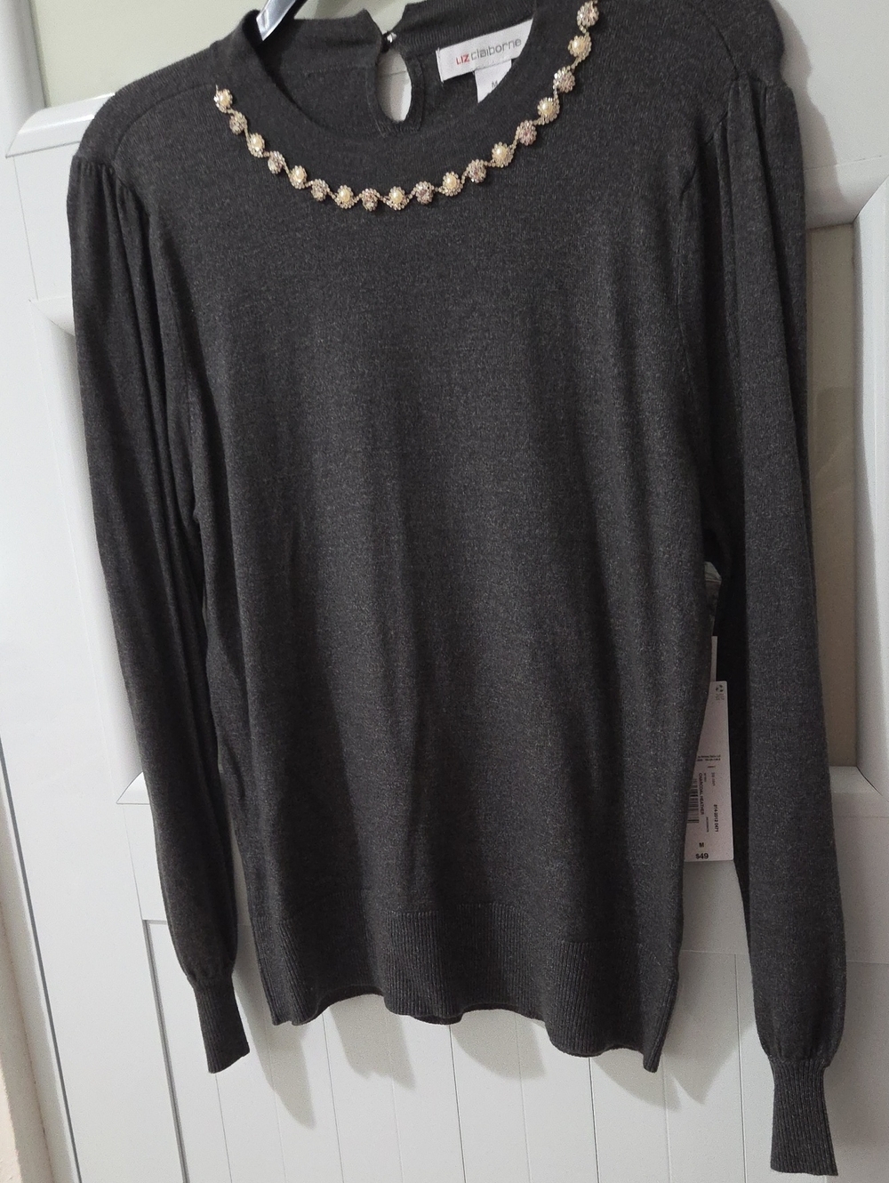 Liz Claiborne Charcoal Crewneck Sweater with Silver Tone Beaded Trim